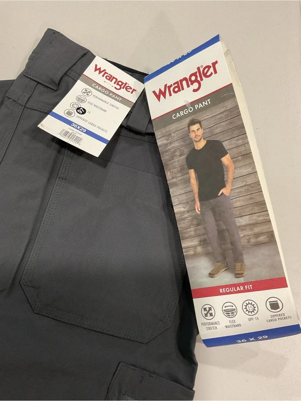 Wrangler Mens Performance Stretch Cargo Pants Grey Regular Fit 36x29 NEW